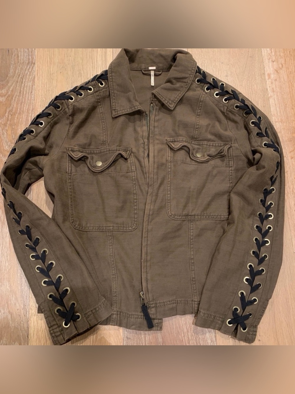 FREE PEOPLE Faye Military Jacket with Lace-Up Sleeves double bust pockets zipper
